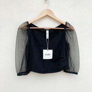 Kazo Overlap Panel Black Puff Sleeve Party Wear Crop Top /Blouse S/M